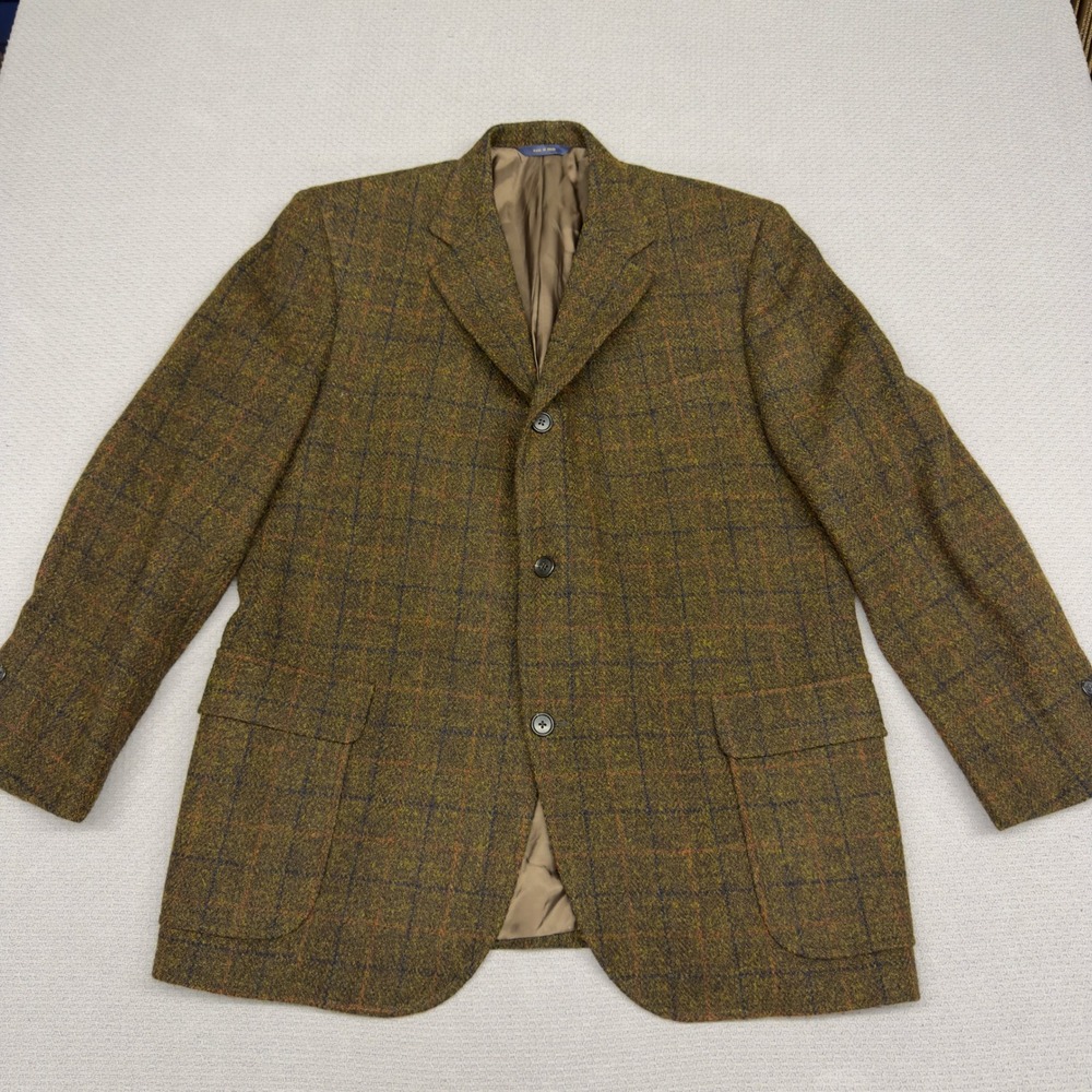 Brooks Brothers Harris Tweed Wool Sport Coat 46R 1818 Madison Brown Gold Check